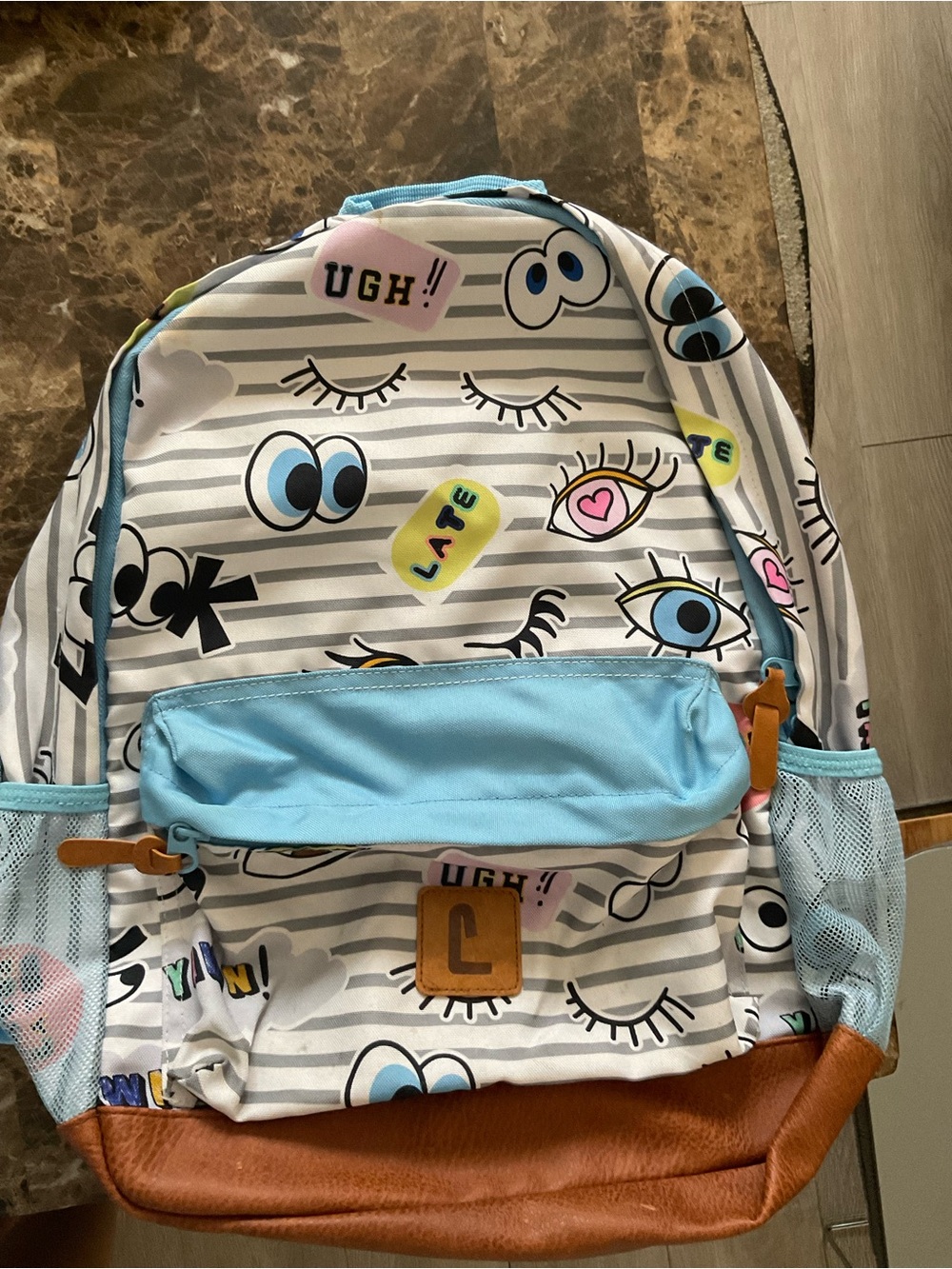 Playful Eyes Kids Backpack in Light Blue and Brown Faux-Leather
